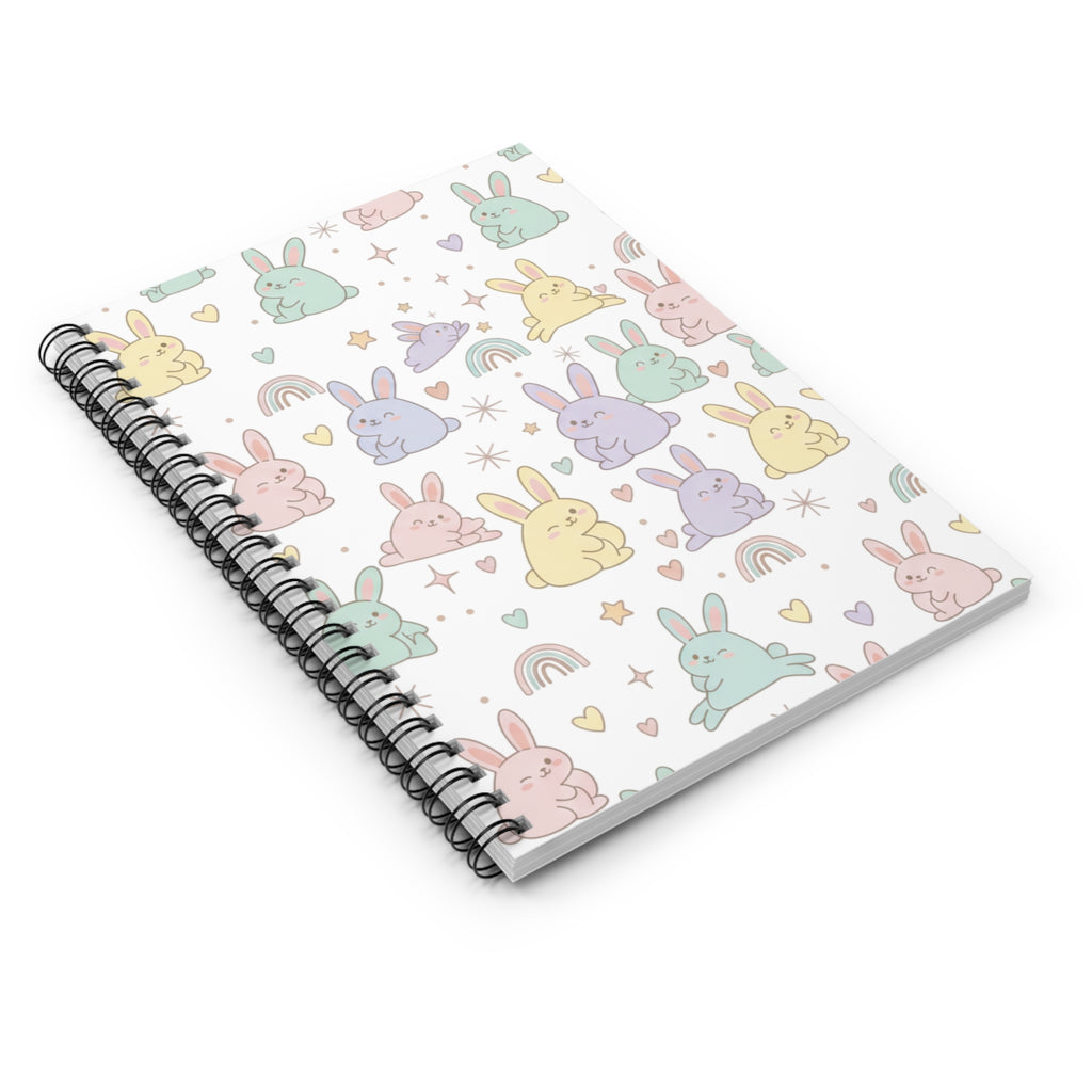 Pastel Bunny Pattern Spiral Notebook — Cute Rainbow Rabbit Ruled Journal