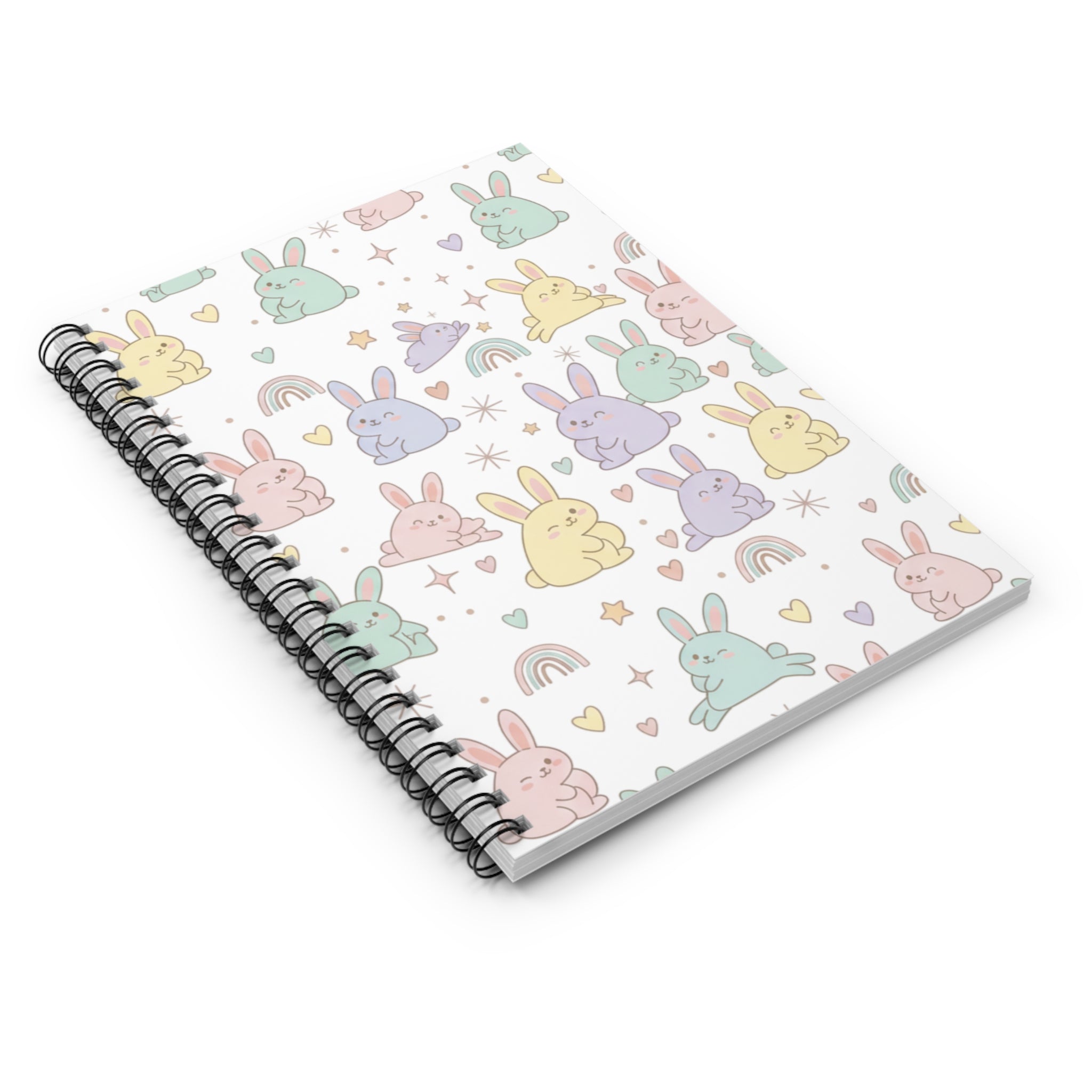 Pastel Bunny Pattern Spiral Notebook — Cute Rainbow Rabbit Ruled Journal