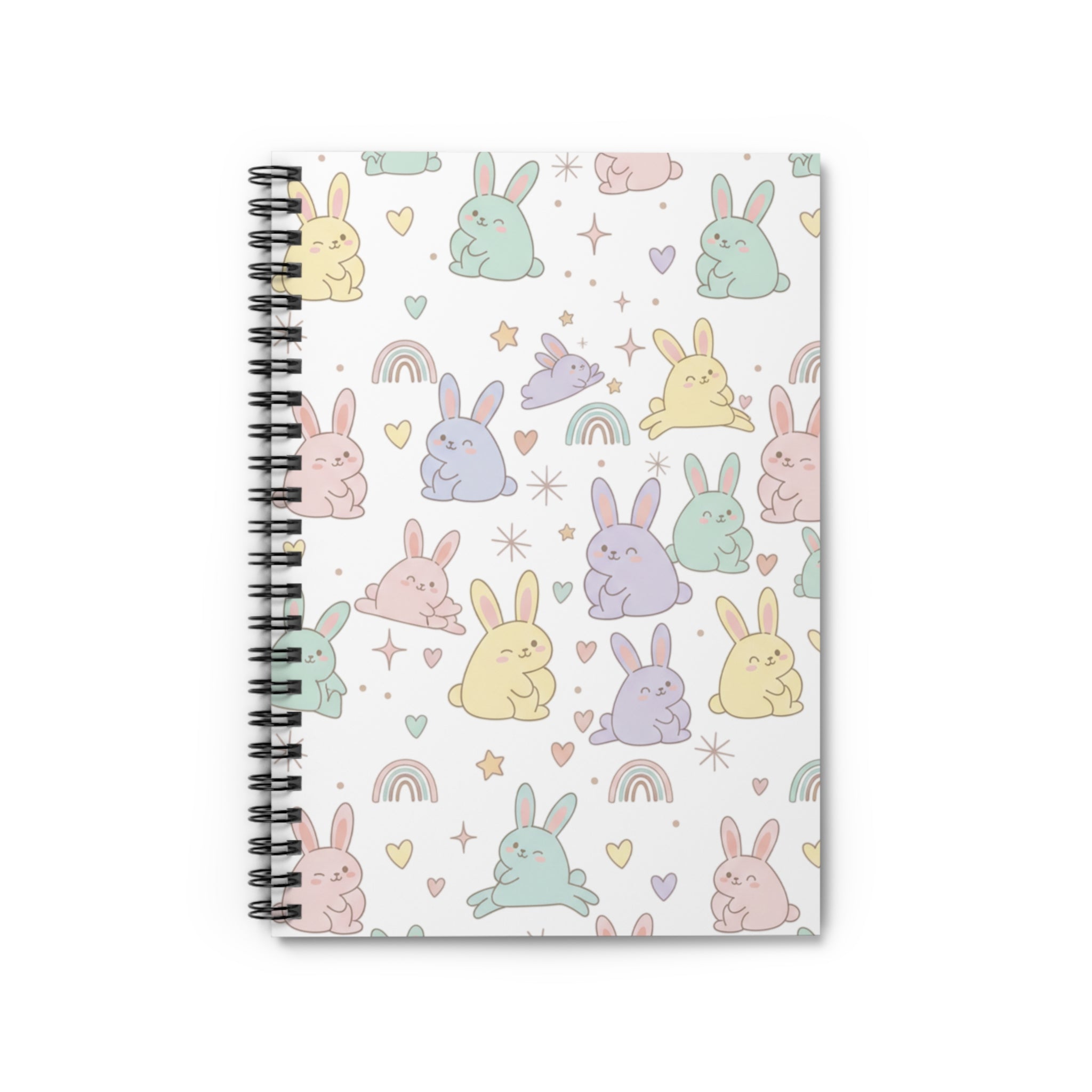 Pastel Bunny Pattern Spiral Notebook — Cute Rainbow Rabbit Ruled Journal