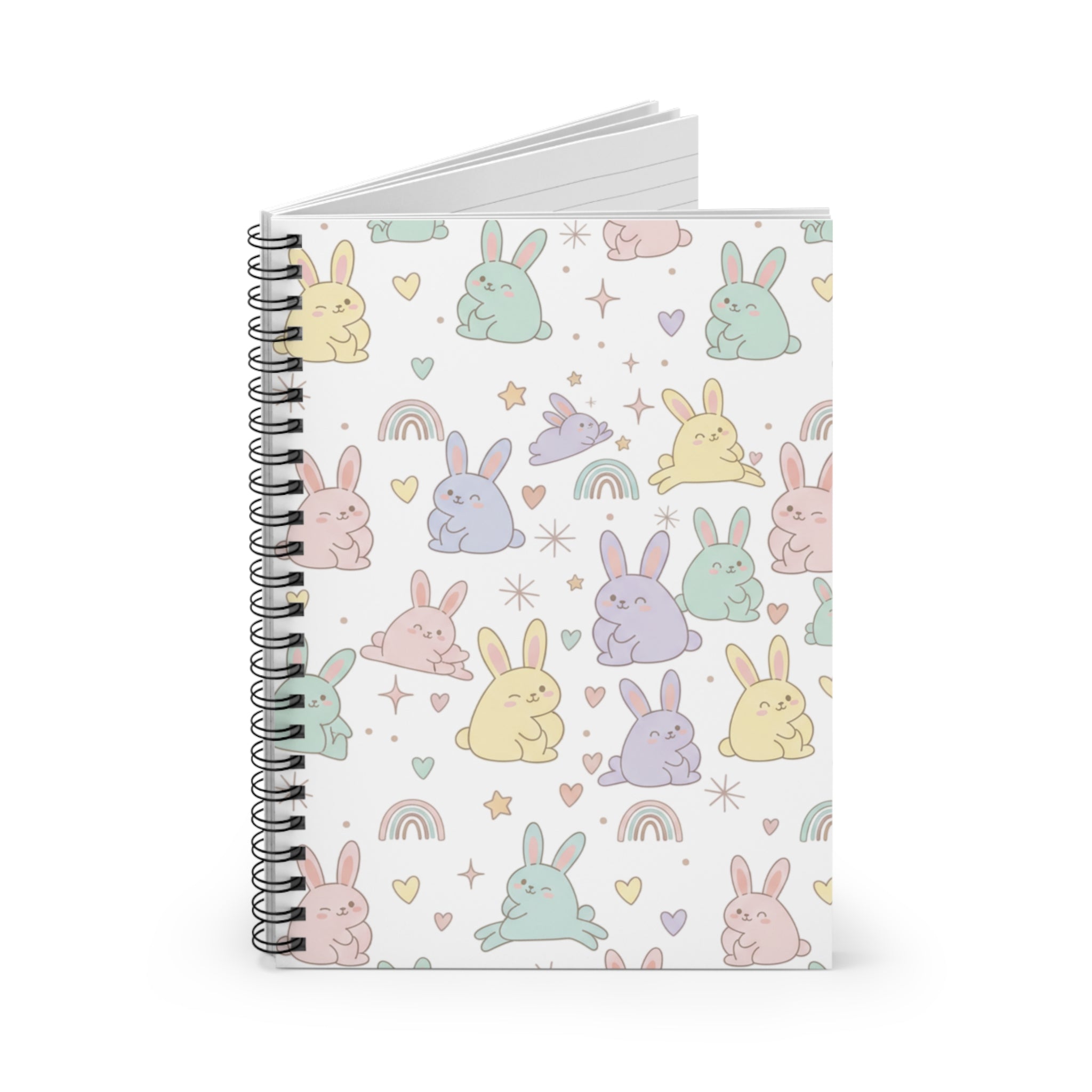 Pastel Bunny Pattern Spiral Notebook — Cute Rainbow Rabbit Ruled Journal